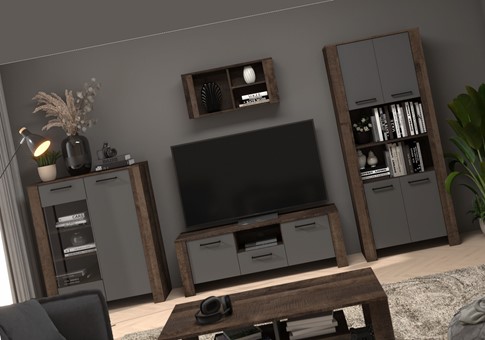 meble DELIS #1 zestaw witryna szafka RTV regał półka dąb grange grafit