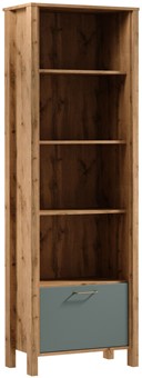 meble INDYGO R1K wąski regał z półkami drzwiami otwarty dąb wotan zieleń