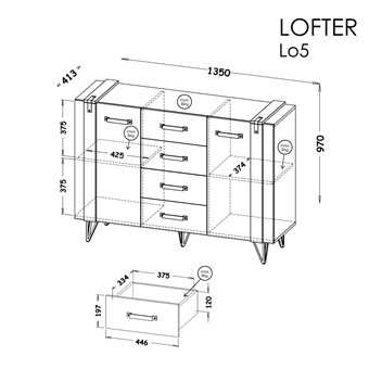 meble LOFTER 05 duża komoda z szufladami drzwiami na nóżkach loft dąb wotan