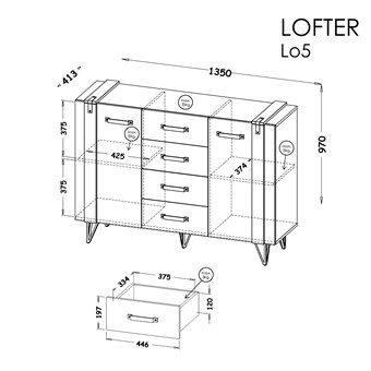 meble LOFTER 05 duża komoda z szufladami drzwiami na nóżkach loft dąb wotan