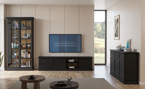 meble LUCCA #2 pokojowe witryna szafka RTV komoda czarny grafit dąb craft