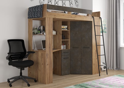 Łóżko piętrowe z biurkiem szafą narożną antresola FLO P craft złoty gr brąz