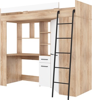 Łóżko piętrowe z biurkiem szafą narożną antresola FLO P dąb sonoma biały