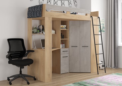 Łóżko piętrowe z biurkiem szafą narożną antresola FLO P dąb cremona beton