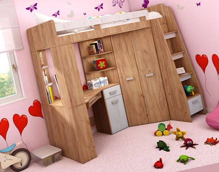 Łóżko piętrowe z biurkiem szafą narożną antresola SOLA P craft złoty biały