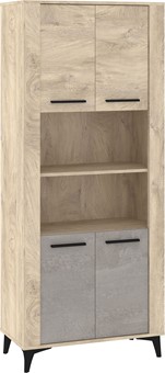 meble MIGES 09 wysoki regał z półkami drzwiami na nóżkach dąb endgrain beto