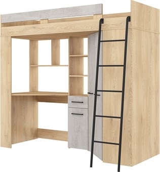 Łóżko piętrowe z biurkiem szafą narożną antresola FLO P dąb cremona beton