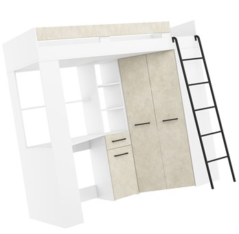 Łóżko piętrowe z biurkiem szafą narożną antresola FLO P biały gran. migdał