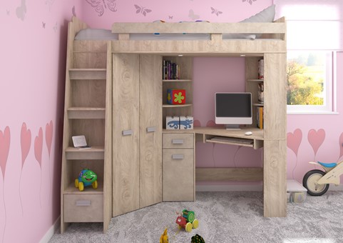 Łóżko piętrowe z biurkiem szafą narożną antresola SOLA L endgrain gr.migdał