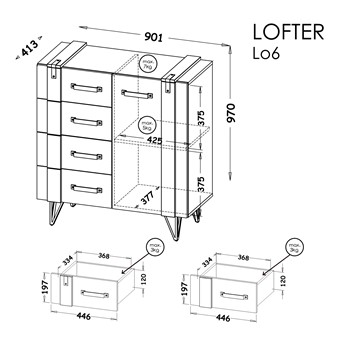 meble LOFTER 06 komoda z szufladami drzwiami loft na nóżkach wotan / beton
