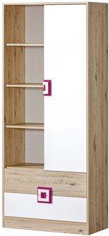 meble NICO 04 regał na książki zabawki z półkami szufladami dąb biały róż