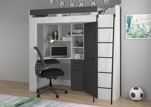 Łóżko piętrowe z biurkiem szafą narożną antresola FLO P craft biały grafit