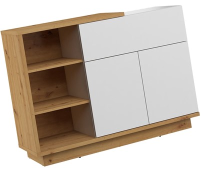 meble BRITA 06 szafka komoda z półkami drzwiami dąb artisan biały połysk