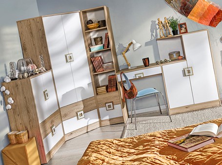 meble NICO #4 młodzieżowe komoda szafa narożna regał biurko dąb biały dąb