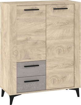 meble MIGES 08 regał z szufladami drzwiami na nóżkach dąb endgrain beton sz