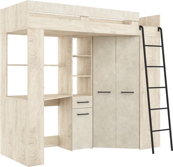 Łóżko piętrowe z biurkiem szafą narożną antresola FLO P endgrain gr. migdał