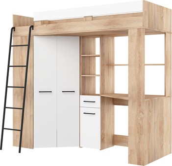 Łóżko piętrowe z biurkiem szafą narożną antresola FLO L dąb sonoma biały