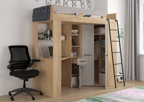 Łóżko piętrowe z biurkiem szafą narożną antresola FLO P dąb cremona beton