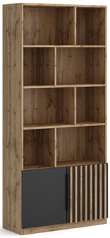 meble RISE 02 duży regał na książki z półkami lamelami dąb artisan czarny