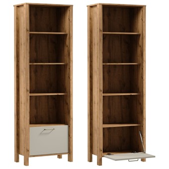 meble INDYGO R1K wąski regał z półkami drzwiami otwarty dąb wotan beż