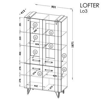 meble LOFTER 03 witryna do salonu loft na nóżkach szklana dąb wotan / beton