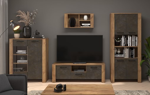 meble DELIS #1 zestaw witryna szafka RTV regał półka dąb craft złoty gra br