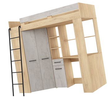 Łóżko piętrowe z biurkiem szafą narożną antresola FLO L dąb cremona beton