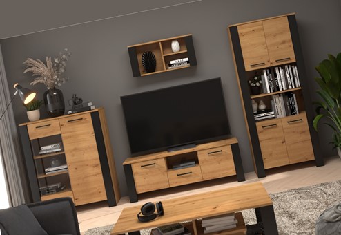meble DELIS #1 zestaw witryna szafka RTV regał półka dąb artisan czarny