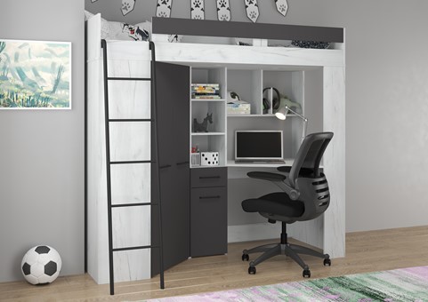 Łóżko piętrowe z biurkiem szafą narożną antresola FLO L craft biały grafit