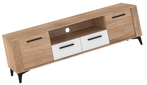 meble MIGES 11 komoda stolik szafka RTV z szufladami dąb sonoma biały połys