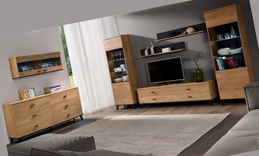 meble JOHN 2 #1 zestaw komoda witryna wisząca szafka RTV półka dąb lefkas
