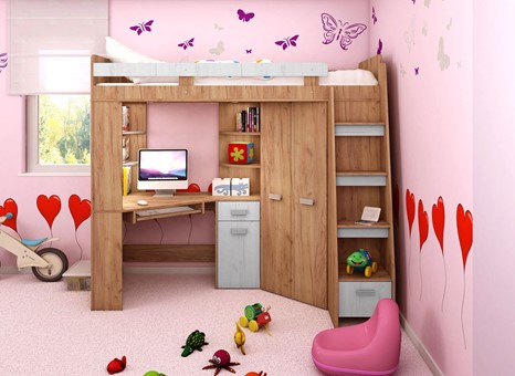 Łóżko piętrowe z biurkiem szafą narożną antresola SOLA P craft złoty biały