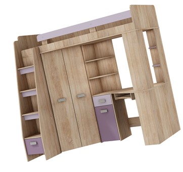 Łóżko piętrowe z biurkiem szafą narożną antresola SOLA L dąb sonoma fiolet
