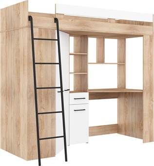 Łóżko piętrowe z biurkiem szafą narożną antresola FLO L dąb sonoma biały