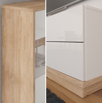 meble BRITA 27 wysoka witryna do salonu dąb sonoma biały połysk