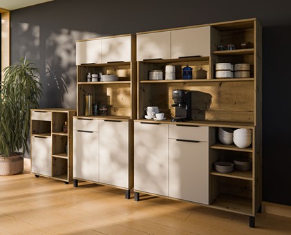meble kuchenne SOLEA bufet 80+120+R70 stolik kawiarka dąb artisan cashmere