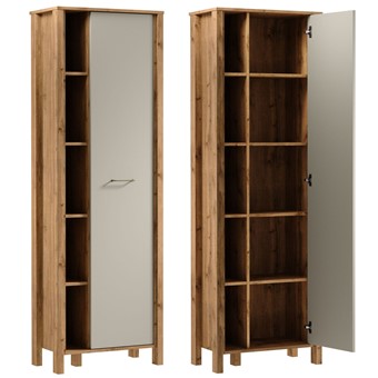 meble INDYGO R1D wąski regał z półkami drzwiami zamknięty dąb wotan beż