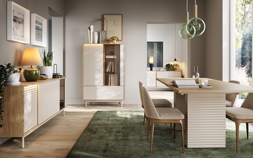 meble TILA #1 zestaw witryna komoda stół rozkładany dąb olejowany cashmere