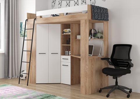 Łóżko piętrowe z biurkiem szafą narożną antresola FLO L dąb sonoma biały