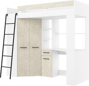 Łóżko piętrowe z biurkiem szafą narożną antresola FLO L biały gran. migdał