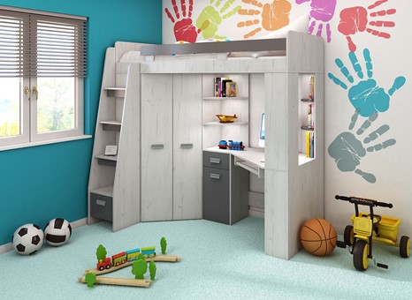 Łóżko piętrowe z biurkiem szafą narożną antresola SOLA L craft biały grafit