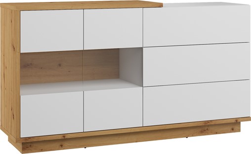 meble BRITA 10 duża witryna komoda z szufladami dąb artisan biały połysk