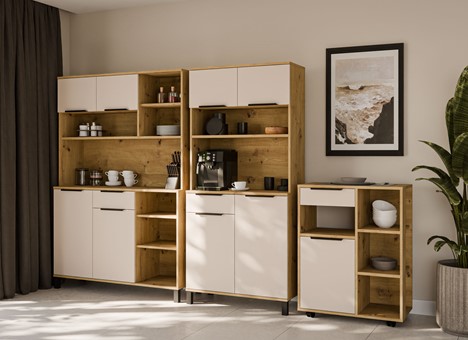 meble kuchenne SOLEA bufet 80+120+R70 stolik kawiarka dąb artisan cashmere