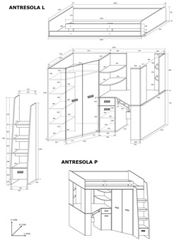 Łóżko piętrowe z biurkiem szafą narożną antresola SOLA P craft biały grafit