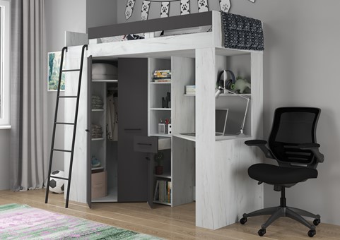 Łóżko piętrowe z biurkiem szafą narożną antresola FLO L craft biały grafit