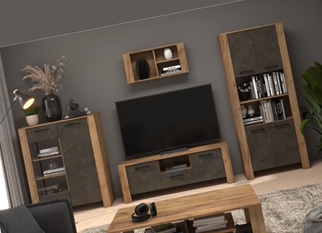 meble DELIS #1 zestaw witryna szafka RTV regał półka dąb craft złoty gra br