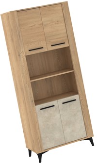 meble MIGES 09 wysoki regał z półkami drzwiami na nóżkach dąb cremona grana