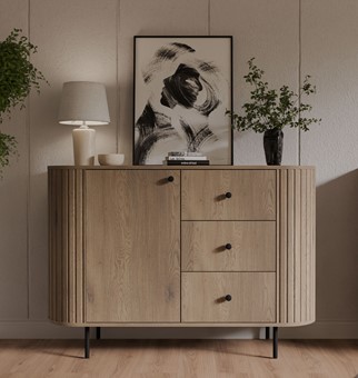 meble OVALIO 813 komoda z szufladami drzwiami na nóżkach dąb cremona