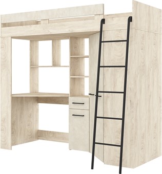 Łóżko piętrowe z biurkiem szafą narożną antresola FLO P endgrain gr. migdał