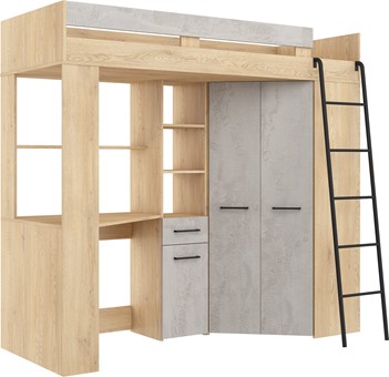 Łóżko piętrowe z biurkiem szafą narożną antresola FLO P dąb cremona beton